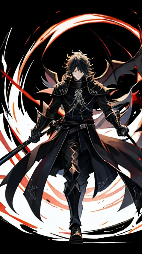 Knight, Anime, Sword, Hair. Black clothes, Demon background, Possessed.