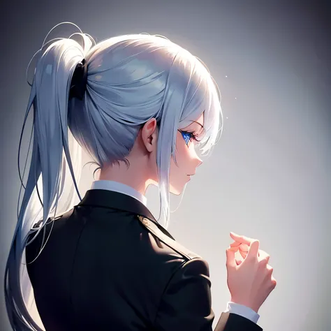 1 girl,blue eye,white hair,pony tail hair,tie hair,black suit,soft lighting, volumetric lighting, intricate details, hyper detailed,(extremely fine and beautiful), (perfect details),semi sideview,from behind,seeing half body