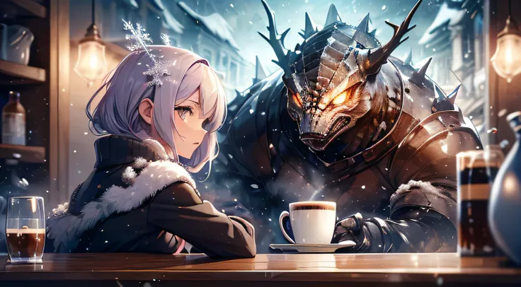 top-quality、Top image quality、​masterpiece、Kaiju((Black torso、red body line、prickly appearance、godzilla style、Spit fire through the mouth,)),hiquality、Beautiful Art、Background with(( Calm cafe at night、Counter seats、Hot coffee、snowflakes falling、Heavy snow...