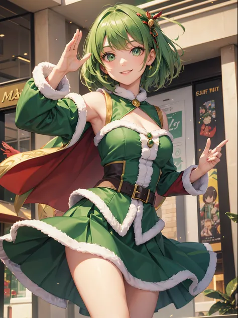 master piece,best quality, Solo lady,24 year old, beautiful eyes,cute, dynamic pose,green santa claus costume, detailed clothing,green skirt, shy smile, green hair, short hair, flipped hair,waving in a strong wind hair,Mall