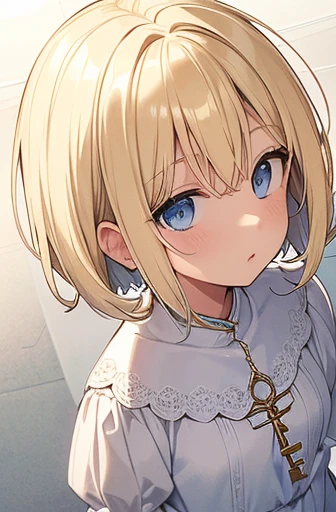 fluffy hair, Bright blonde hair, (Loose and fluffy perm), (Short bob hair), Blue eyes, Blonde blue-eyed, White Dress, A slender, Crisp eyes, key pendant, ((Perspective from above)),