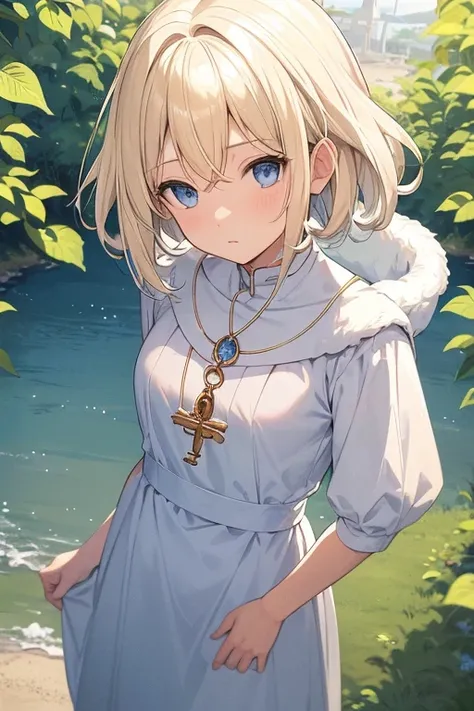 fluffy hair, Bright blonde hair, ((Loose and fluffy perm)), (Short bob hair), Blue eyes, Blonde blue-eyed, White Dress, White monastic vestments, A slender, Crisp eyes, key pendant, ((Perspective from above)),