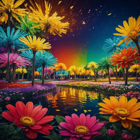 A painting that depicts colorful flowers in all shades and shapes, but each flower emits musical notes in the form of light musical symbols or sound waves. You can think of it as an abstract work of art where each flower symbolizes a particular musical ins...