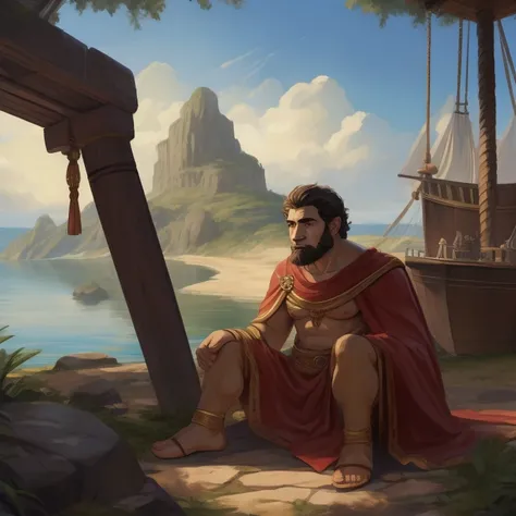 a Greek man from the time of mythology near a ship moored on an island that has a dense forest, he has a worried look on his face