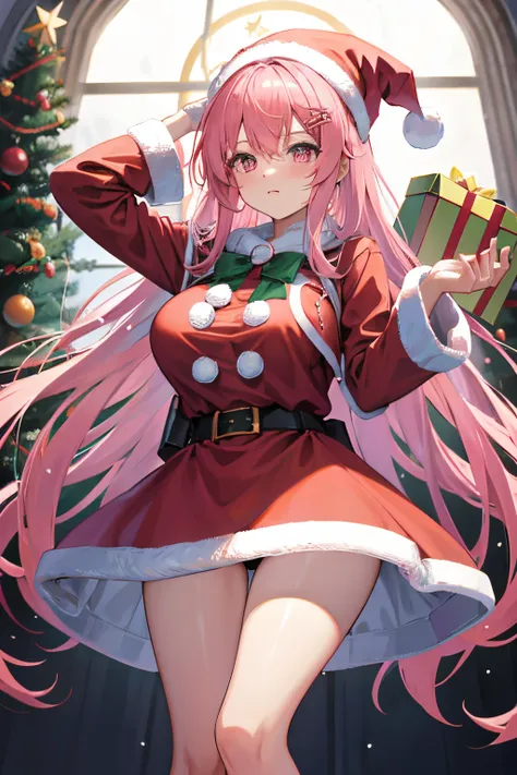 "anime girl, 1 person, pink hair, pink cat ears, pink eyes, santa hat, santa shirt, red dress, stockings, big breasts, solo, standing cross-legged, falling snow, Christmas gift box, (full HD 4K+ image)" front view