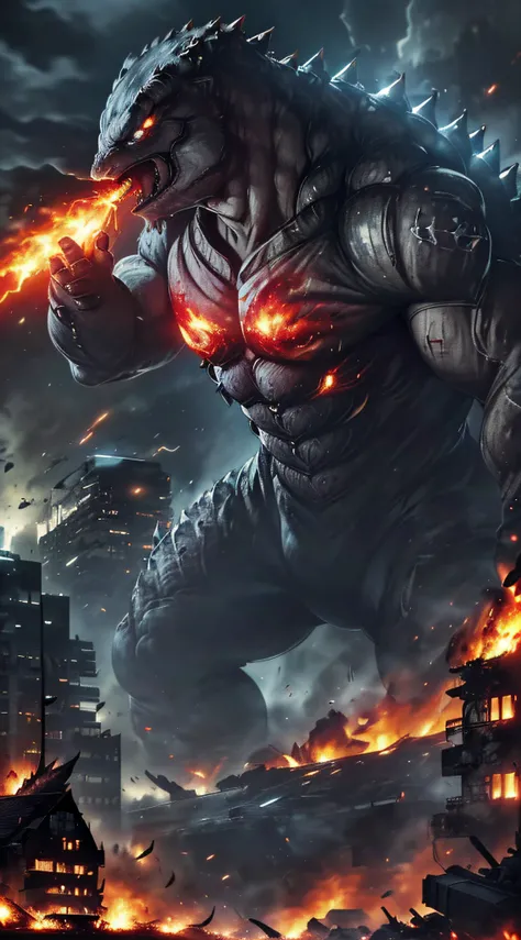 top-quality、Top image quality、​masterpiece、Kaiju((Black torso、red body line、prickly appearance、godzilla style、Spit fire through the mouth,rampage)),hiquality、Beautiful Art、Background with(( Burning City、collapsed building urban explosion explosion flight、C...