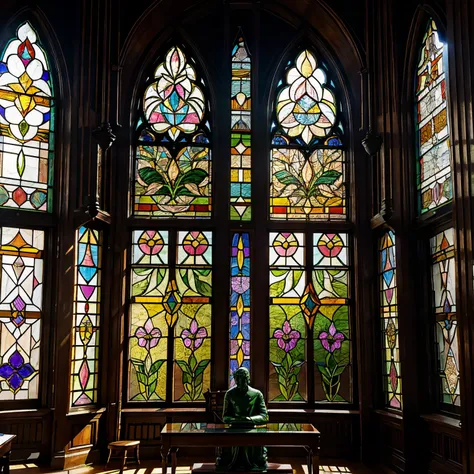 library, beautiful, flowers, plants, colorful stained glass windows, beautiful patterns around the room, beautiful statues, magical, space, tropical, wood with patterns in them,