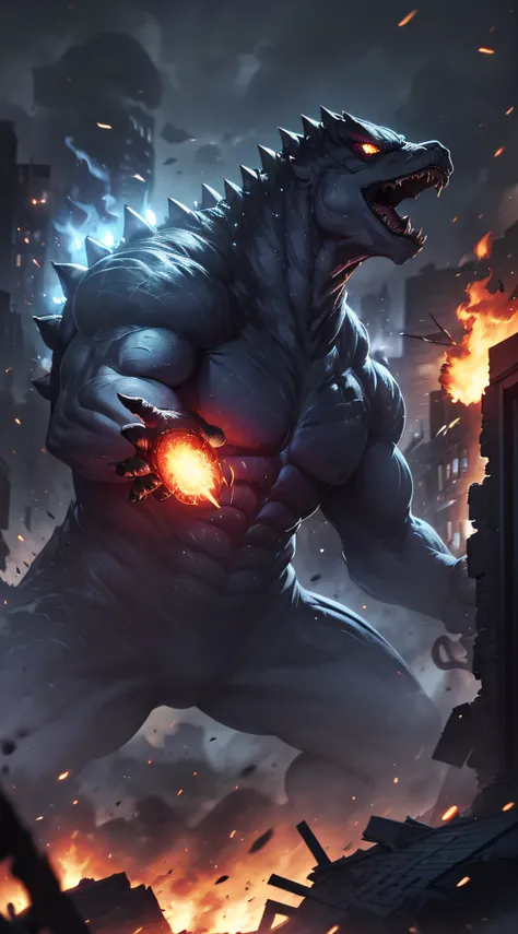 top-quality、Top image quality、​masterpiece、Kaiju((Black torso、red body line、prickly appearance、godzilla style、Spit fire through the mouth,rampage)),hiquality、Beautiful Art、Background with(( Burning City、collapsed building explosion explosion flight、Combat ...