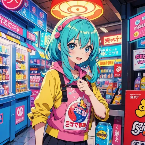 Anime-style illustration of a gachapon machine that sells various types of drink capsules in a mystery format, with a young girl buying a drink. The machine is vibrant and anime-themed, featuring a transparent dome filled with opaque, colorful capsules, ke...