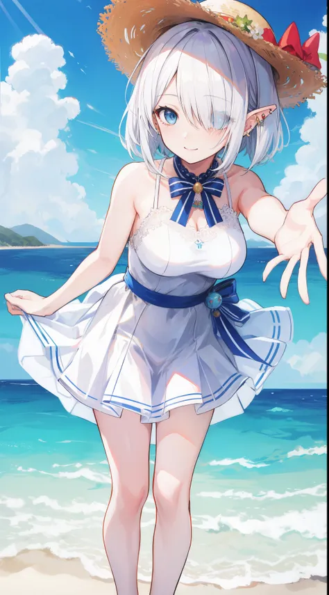 best quality, masterpiece, , ,short, big breasts, white hair,low twintails, blue eyes, yukine chris as elf, bob cut hair, parted...