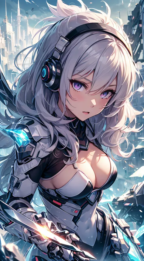 top-quality、Top image quality、​masterpiece、girl with((black and white mecha suit、Glowing mech suit、18year old、 Ager、cute little、Best Bust、big bast,Beautifully shining purple eyes open wide, Messy silver hair、Longhaire、A slender,big moves in volleyball,shar...