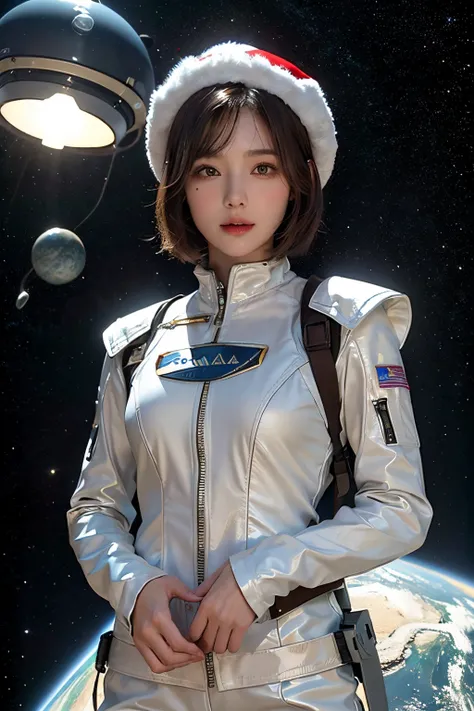 top-quality、​masterpiece、超A high resolution、(realisitic:1.4)、Beautuful Women１、Beautiful detail eyes and skin、ssmile、Light brown short-cut hair、The perfect spacesuit、spaceships、cosmic space、santa hat、flying saucer、