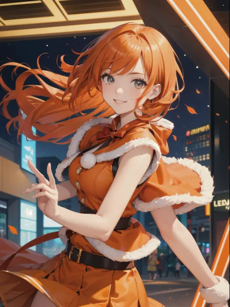 master piece,best quality, Solo lady,24 year old, beautiful eyes,cute, dynamic pose,orange santa claus costume, detailed clothing,orange skirt, shy smile, orange hair, short hair, flipped hair,waving in a strong wind hair,Mall