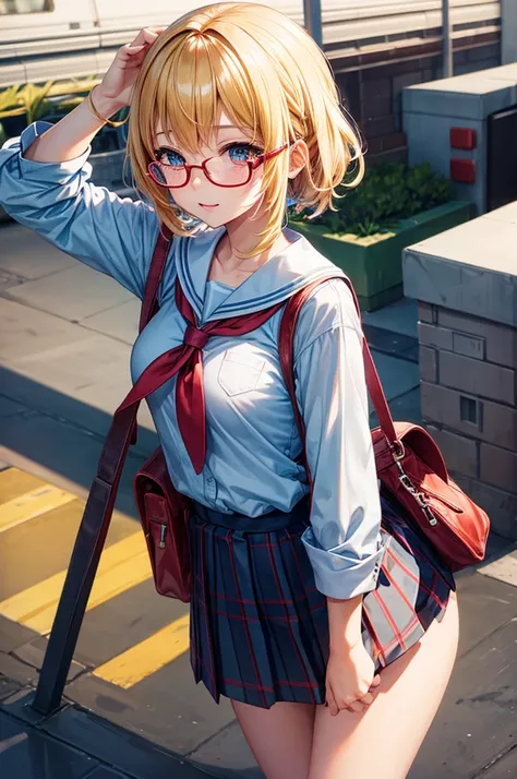 masutepiece, best_quality, 1girl in, Solo, Gumi, School uniform, Red eyewear on the head,