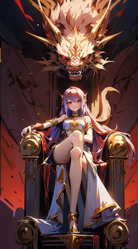 girl with blue long hair,red gold eyes,white long dress with gold jewellery, seeting in a throne,with a sword in her hand, roaring dragon behind the throne in a castle,with red colour ,black colour ,golden flame