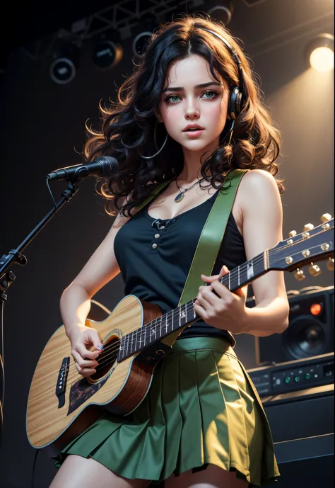 highres, shadows, absurdres, best_quality, ultra_detailed, 8k, extremely_clear, photograph, beautiful, sharp focus, hdr,
A cute pop singer with curly blackhair and symmetrical teary eyes holds a guitar and sings into headphones, wearing a pleated skirt, wi...