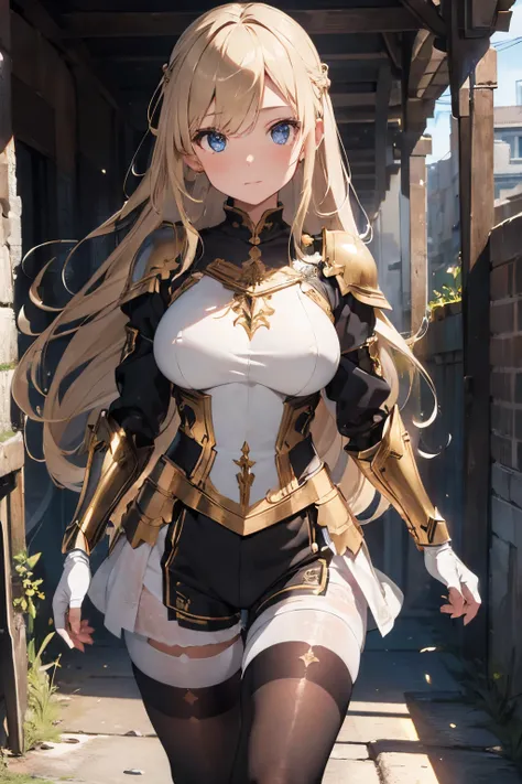 (((masterpiece))), (((best quality))), ((ultra-detailed)), (cinematic lighting), (illustration), (beautiful detailed eyes), (1girl), full body, space, knight, armour, light hair, walking, ruins, best quality, expressive eyes, perfect face, Girl: (blonde ha...