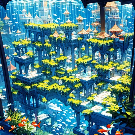 underwater palace, underwater world, underwater kingdom, school of fish, castle under water