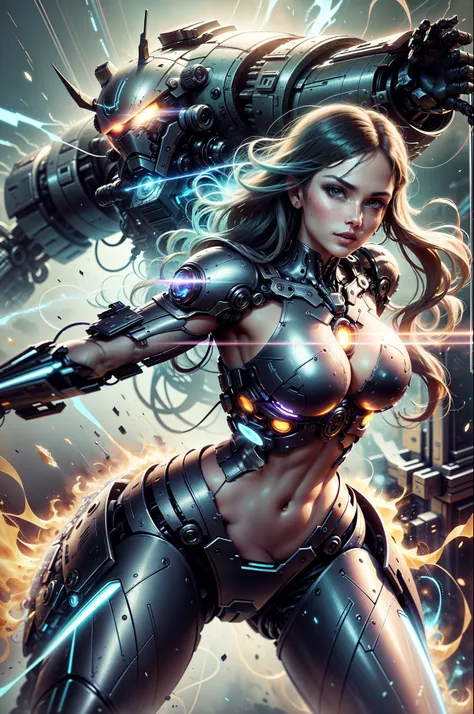 "Earms-prima in UHD, comic-book style, portraying a mecha woman in the middle of a cyber attack. | In the center of the image, the heroine appears in an impactful pose, ready to face a DDOS attack. Its imposing and fearless presence dominates the scene, st...