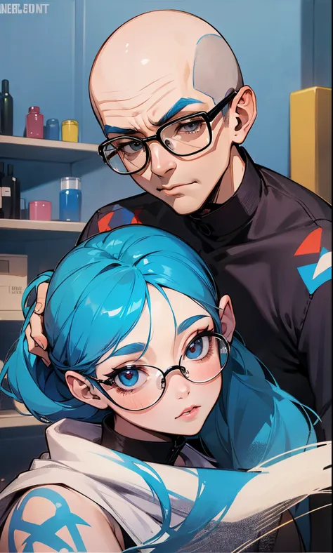 girl with blue hair without glasses tattooing, bald guy wit glasses watching her --auto --s2