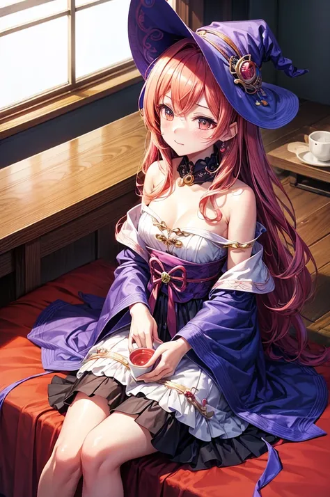 masutepiece, ultra high quality CG, Best Quality, Perfect picture, Solo,  Sitting on the bed, looking off to the side, Blushing, shoulders can be seen, Best Quality, Chibi, Wizard Tea Party, the witch, beautiful witch, Happy, Vibrant, Colorful