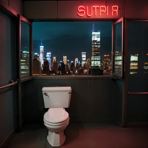 A toilet, in New York, looking over the city, neon lights, 8k, high quality, high detail