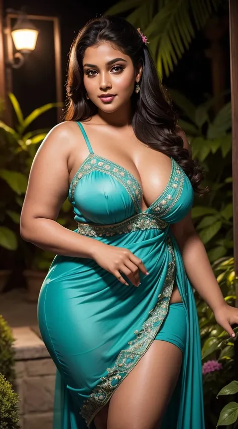 30 year old beautiful Bengali sexy plus size figure mature woman with fair skin color, standing on beautiful garden low lighting in night , seductive, side bun hairstyle, bright eyes, thin eyebrows, blushing cheeks, curvy plus size model, big m-cup breasts...