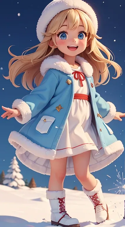 Realistic Soviet postcard "Happy new year!"; Cute young ruddy Snow Maiden in a sky blue coat with white fur, in high morocco sky blue boots, Long, slightly wavy wheat-colored hair, fluttering in the wind, with sparklers against the backdrop of a beautifull...