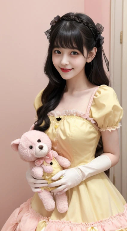 1girl, photo, masterpiece, sweetlolita at bedroomgothic gothic interior, yellow dress fabric, heart shape on cheek, blush pink makeup, gloves, smile, pastel color, ornate, broderry, holding stuffed animal, bokeh