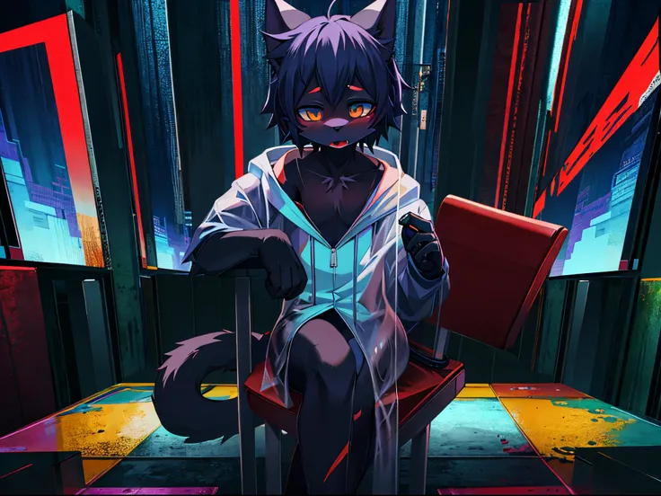 Anime character wearing a plastic raincoat sitting on a nearby chair, (SFW) Seguro para o trabalho, full robot!! cat woman, furry art!!!, POV furry art, cat woman, anime cat girl, Cybercat, furry digital art, commission for high resolution, low res, commis...