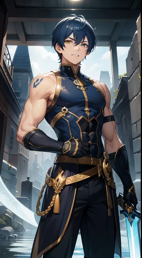 1 beautiful man, blue short hair hair, Yellow eyes, musculature, Refreshing smile, black mercenary uniform, Sword, Sleeveless, Gold Element, masutepiece, hiquality, ighly detailed, hard disk, 4K, Castles