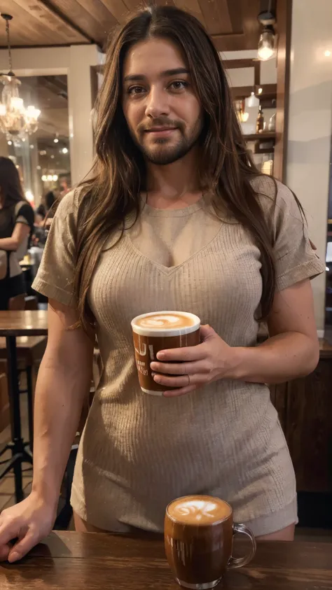 (best quality,4k,highres,ultra-detailed,realistic:1.37),vibrant portrait,beautiful cafe worker lady crying with a long big beard,long beautiful hair,manly chiseled face,expressive eyes,lovely smile,stylish outfit,confident stance,coffee cup,cozy atmosphere...