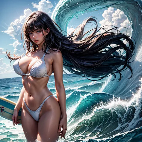 A healthy girl wearing a white swimsuit, surfing on a surfboard in shining tan lines, captivating under backlight. The girl has a proportionate body with anatomically accurate fully-detailed eyes, beautiful detailed lips, and long eyelashes. The image is c...