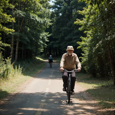 An old man on by cycle going in the forest. A dog is running along with him