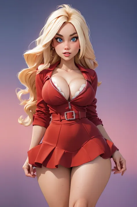 1girl, long blonde hair, blue eyes, curvy, large breasts, wearing tight, low cut red short micro miniskirt, transparent background, absurdres, high res, ultrasharp, 8K, masterpiece, looking at viewer showing thighs, hands on hips