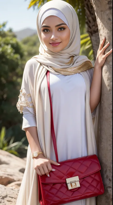 RAW, Best quality, high resolution, masterpiece: 1.3, beautiful Malay woman in hijab, big gorgeous eyes, smiling,big breast, standing on rocks with a red purse and a red purse, inspired by Shaddy Safadi, with lovely look, inspired by Fathi Hassan, hijab, l...