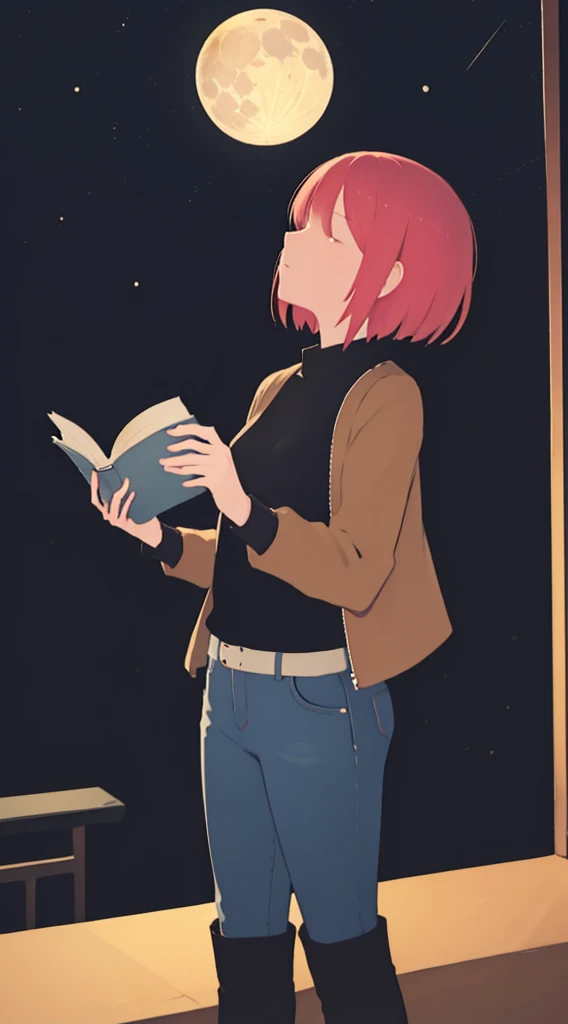 1 Downer woman(Holding an open book in your hand),leather jackets,jeans,Short boots,Looking up at the moon,Standing on Balcony,Midnight,4K,High quality,Ultra Detail,super precision,masutepiece,Focus on the upper body。