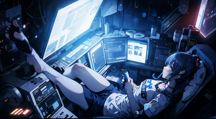 anime girl in shorts and t-shirt, in a spaceship with her barefeet up on the desk, in a spaceship cockpit, in a futuristic space...