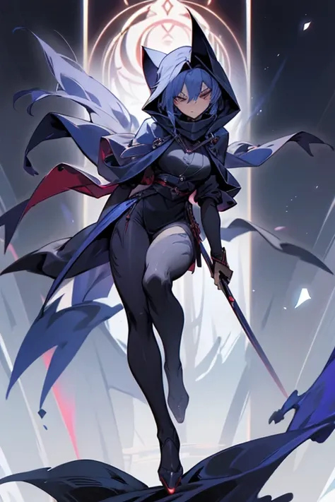 A mysterious female ninja in her early 20s.、Wear less revealing clothing、Wearing a dark blue cloak and hood、A very thick crimson scarf is tied loosely around his neck.、Cold expression、slender and tall、Weapon: 5 very thin steel wires、Anime style full body c...