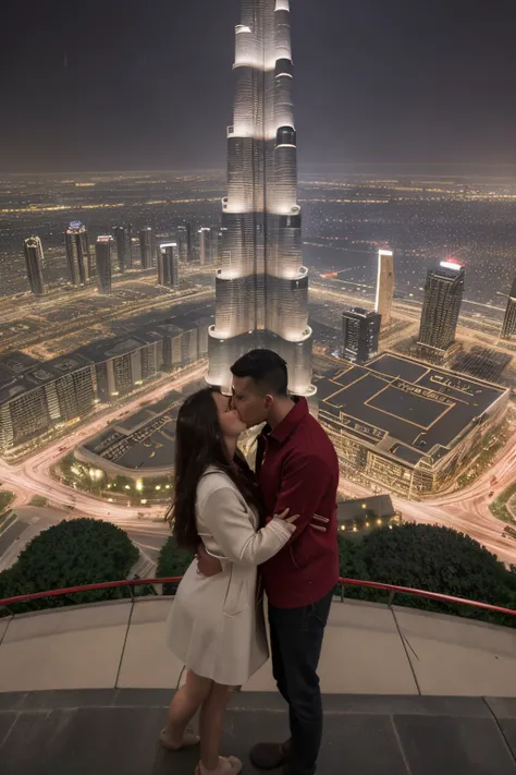 a couple kissing at chrismas beautiful view roses around lights on the roads ,raining ,and fully realistc 8k resolution , high buildings , burj khalifa , lots of people around