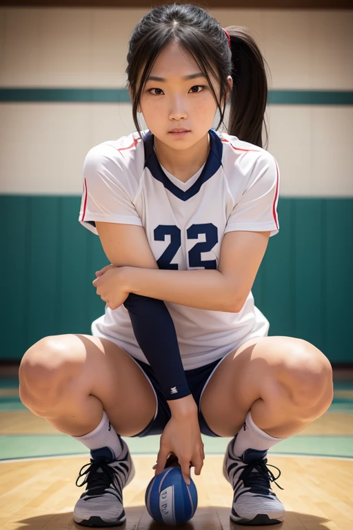 volleyball uniform women sweat squatting with long sport socks and linking arms behind her back