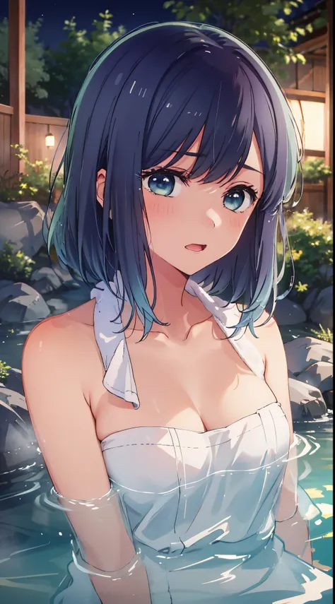 beautiful  lighting, 1girl in, 独奏, akane,  (((anime styled)))、(((2d)))、be shy、(((hot onsen)))、(((a towel)))、(((a closeup)))、(((e...