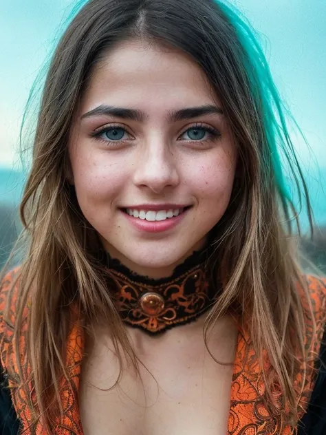 backside photo photograph closeup close up body portrait of a Iranian pale girl (blaze orange long Blunt Cut Haircut), (posing outside amidst an intricate Grand Canyon shore outside QUITO:1.1), crowded street with cafes in the distance, cold dark sunset at...