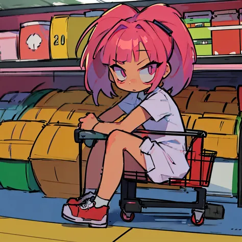 anime female short green hair and pink eyes dressed as a clown inside a shopping cart kart racing very confused looking at camer...