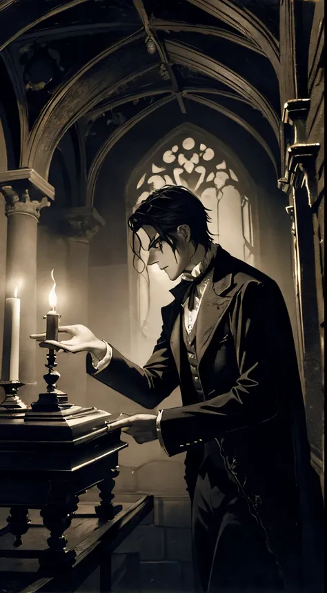 "An oil painting depicting young Victorian era man Jonathan Harker searching a decrepit, aging interior gothic castle at night by lantern light. He has stumbled upon a room with stone walls and cobwebs, shocked to find an ornate but dusty black coffin with...