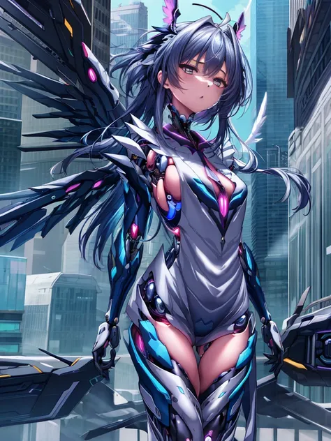 top-quality、ighly detailed、​masterpiece、ultra-detailliert、illustratio、((1girl in))、silber hair、length hair、Floating hair、、Cyber City、Neon building、(The upper part of the body:1.05)、extremely_Detailed_Eyes_And_Face,cybernetic wings mechanical wings、Random p...