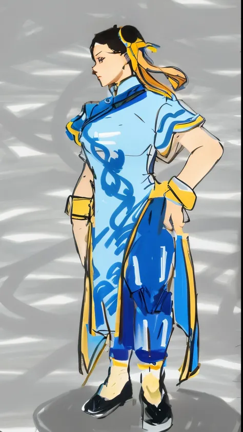 Painting of a woman dressed in blue and yellow, portrait of chun - li, chun li, chun - li, Chun-li, portrait of chun li, costume with blue accents, inspired by Leng Mei, new costume concept design, full-body xianxia, clear outfit design, in a blue qipao, C...