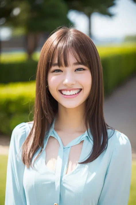 （A girl who is kind to everyone：1.5）、（A dazzling smile towards me）、（High school girl smiling happily）、（Beautiful teeth alignment、Long bangs：1.2）、8K、Raw photo、Background bokeh、（Blouse：1.5）