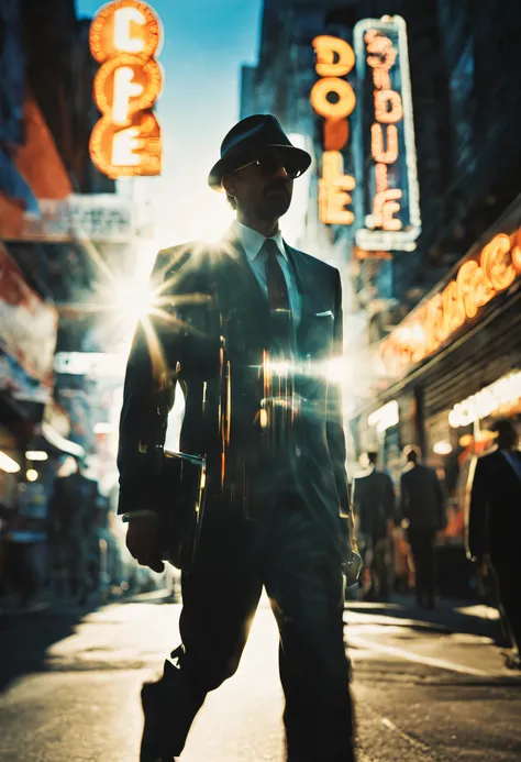 A double-exposure photograph of a man in a suit walking along and a street with neon signs, busy street, crowds,  (sunny 4pm: 1.3), cinematic lighting, (double exposed: 1.5), camera flash light, Shutter drag, Motion blur, Lens flare, (Graflex speed graphic...