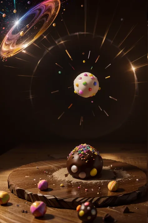 Create a promotional image for Physics Truffles. Describe a scene where a flavor laboratory merges with a magical universe. Include a chocolate truffle surrounded by physical equations and symbols floating in the air. Use vibrant colors and visual effects ...